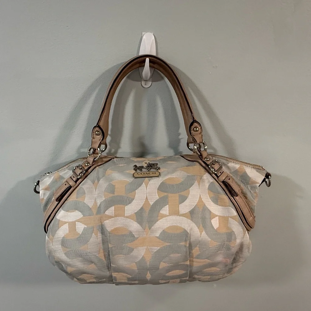 COACH MADISON SATCHEL Blue Cream Signature C Fabric Leather Trim Handbag Purse - Picture 8 of 14